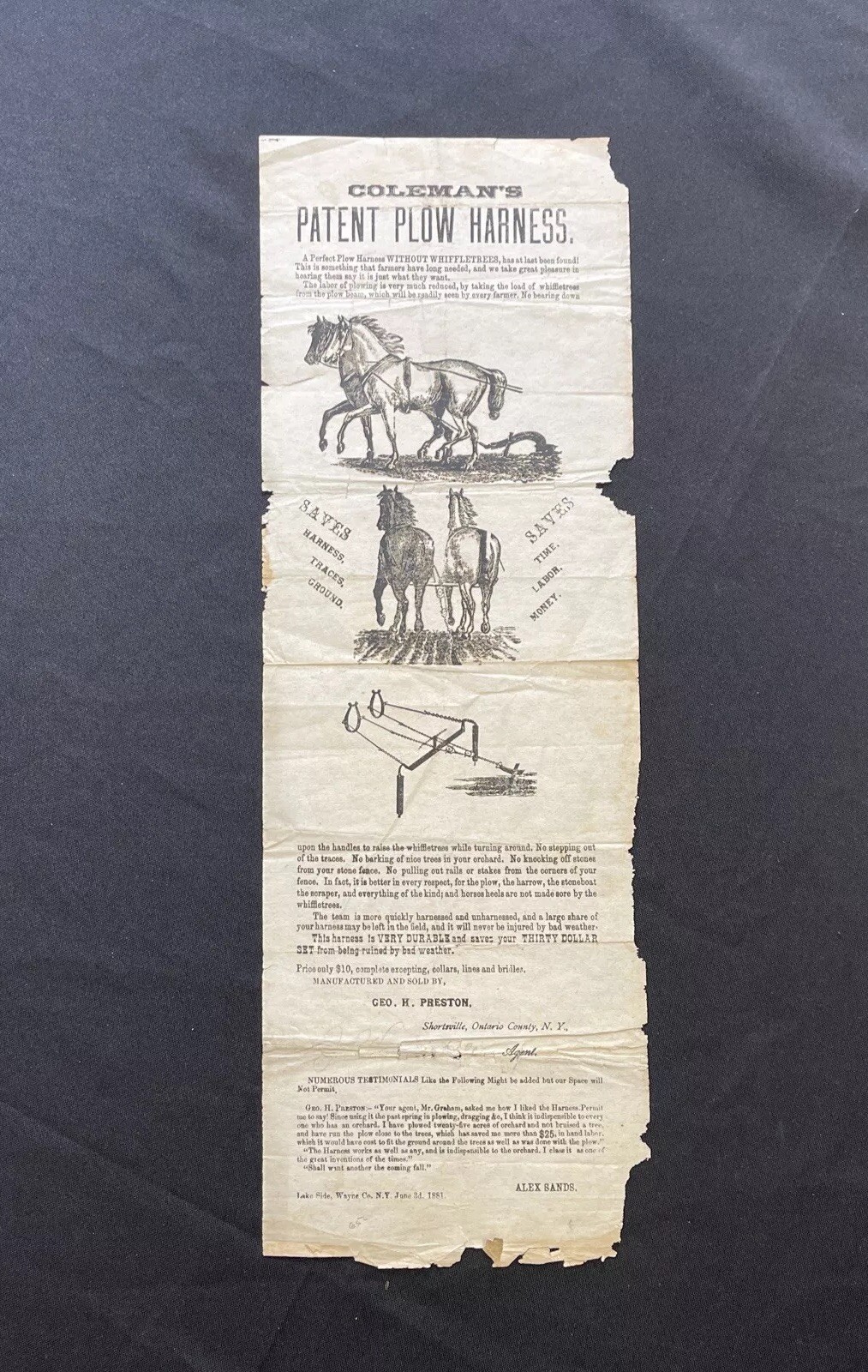 1881 Coleman’s Plow Harness Broadside Shortsville New York Farm Machinery