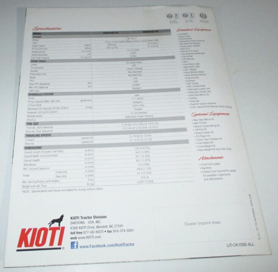*Kioti CK 10SE Series CK3510SE HC & CK4010SE HC Tractor Sales Brochure 12/16