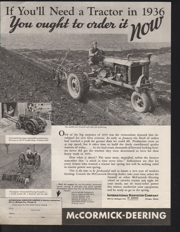 1936 MCCORMICK DEERING FARMALL TRACTOR PLOW HAMMER MILL AGRICULTURE AD 10345