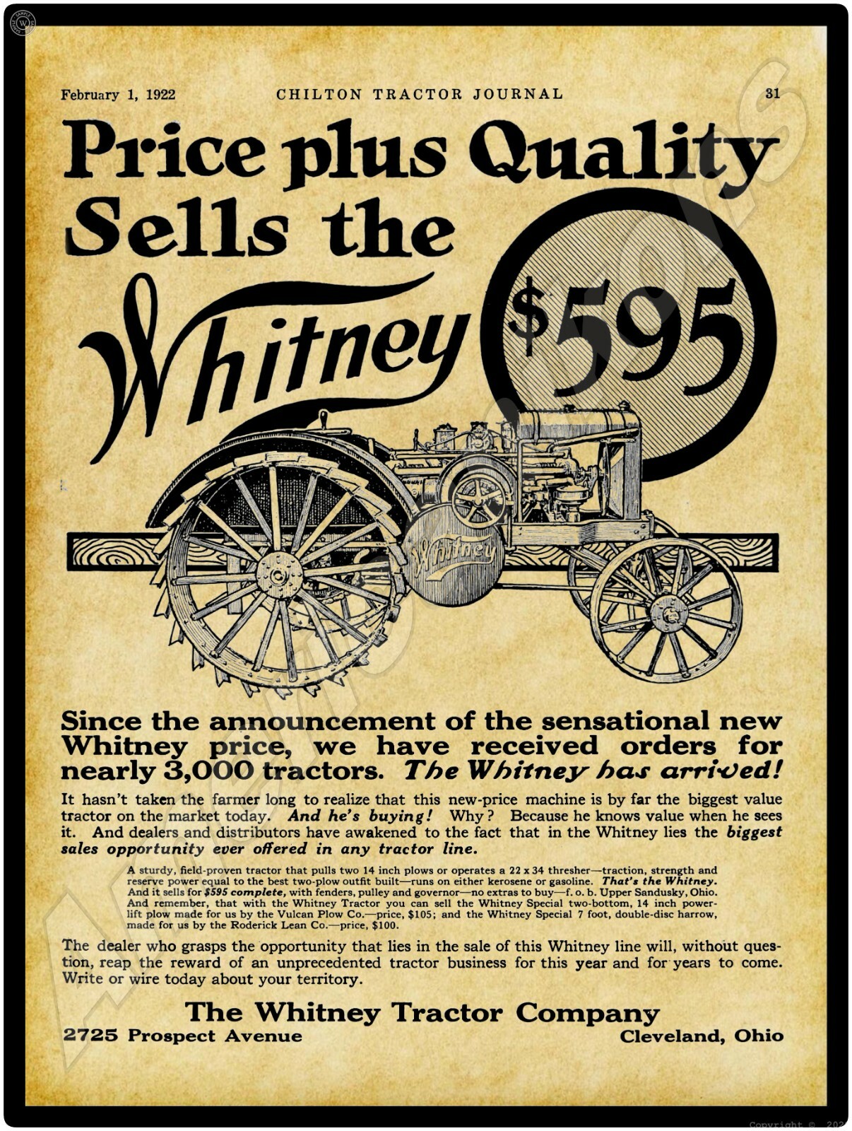 1922 Whitney Tractors NEW Metal Sign – 24″ x 30″ USA STEEL XL Size – 7 lbs