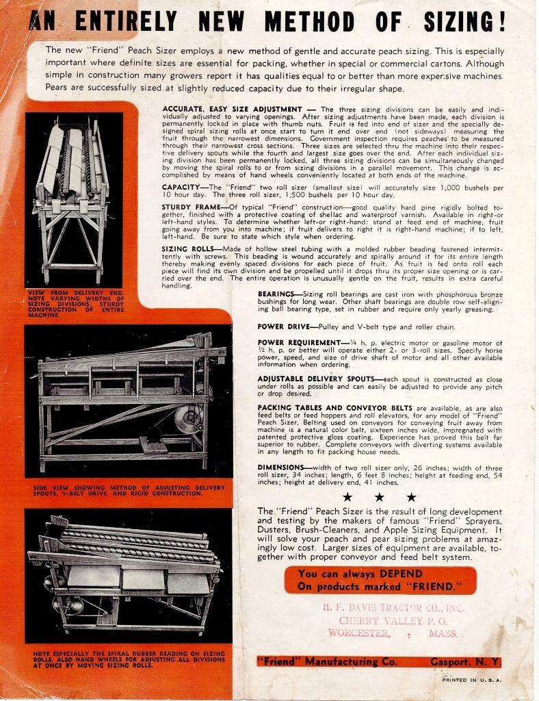 Peach Sizer Ad Sheet, “Friend” Manufacturing Co. Gasport, NY Illustrated c 1930s
