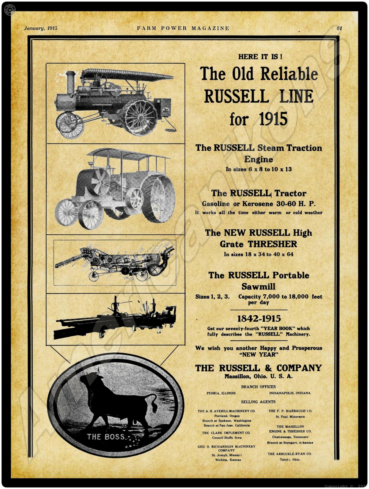 1915 Russell & Co. Machinery Old Reliable Line Metal Sign: Massillon, Ohio