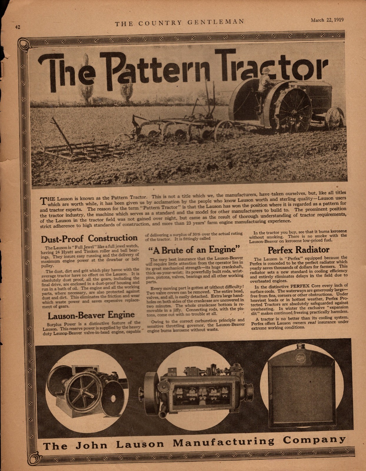 1919 Pattern Lauson original Tractor ad – La Crosse WI Scarce