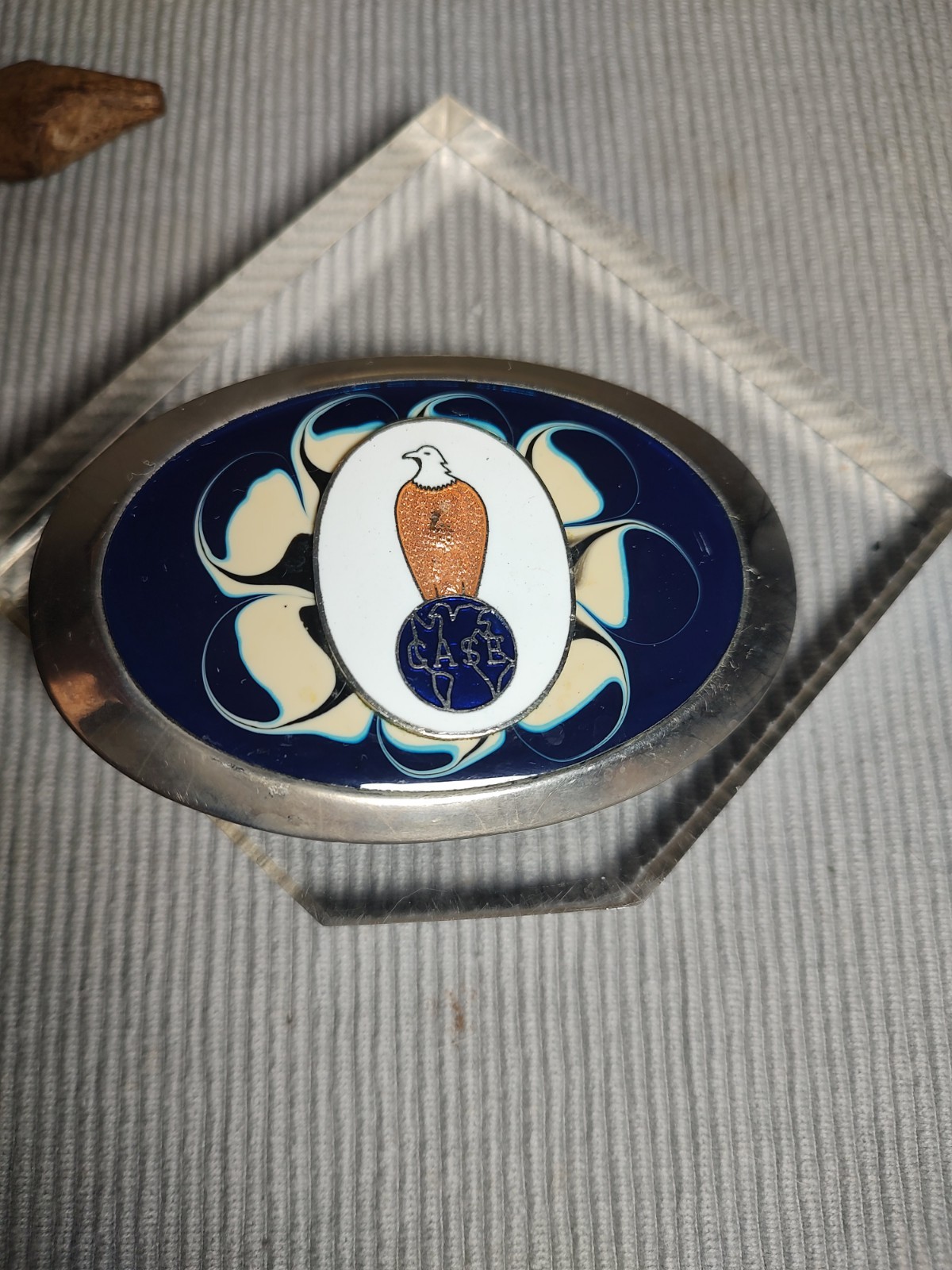 Case Colored Blue & WhiteBelt Buckle with Eagle Silvertone 3.5″