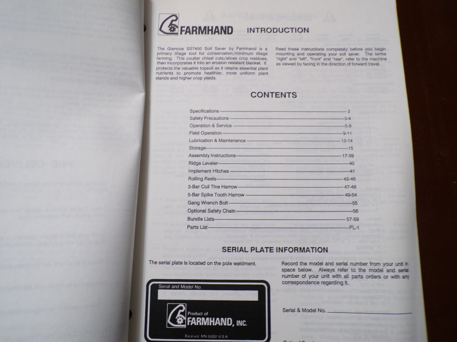 Farmhand SS7400 Soil Saver, model F551-B Operator’s/Parts Manual 1990