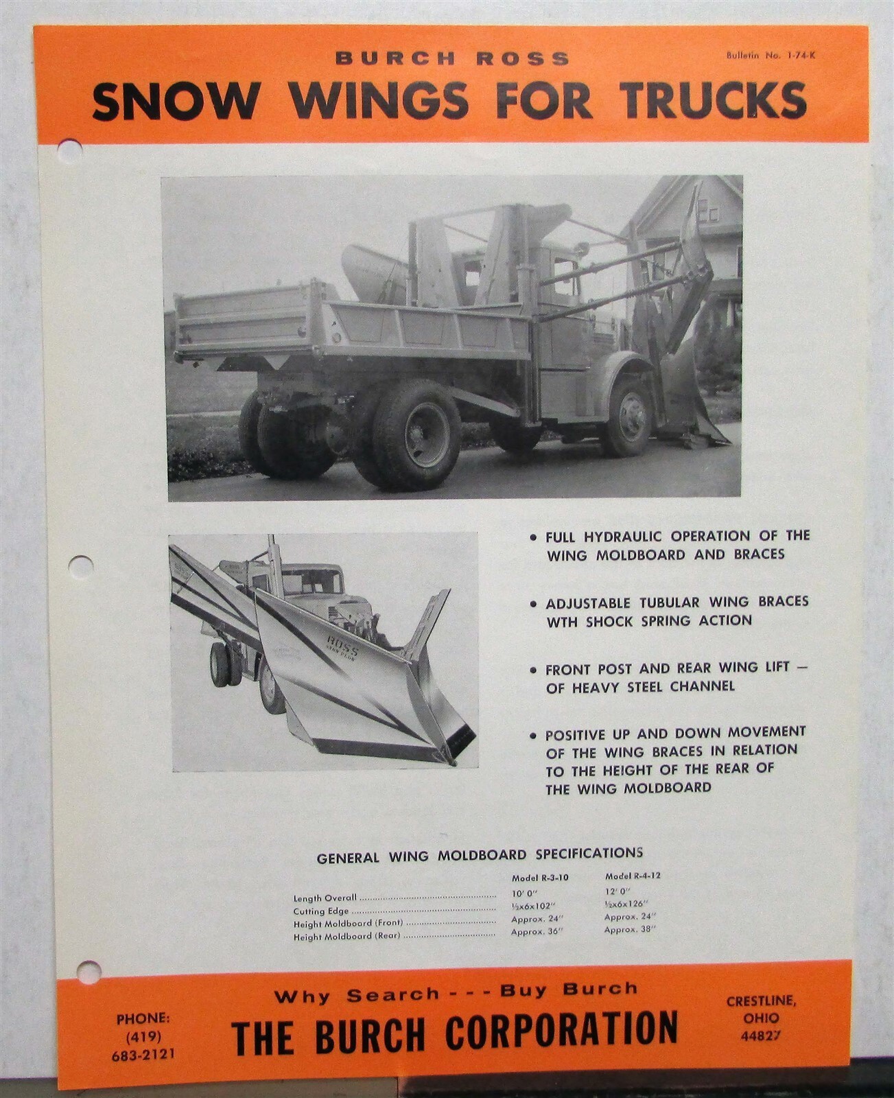 1974 Burch Snow Wings Specifications Construction Sales Data Sheet