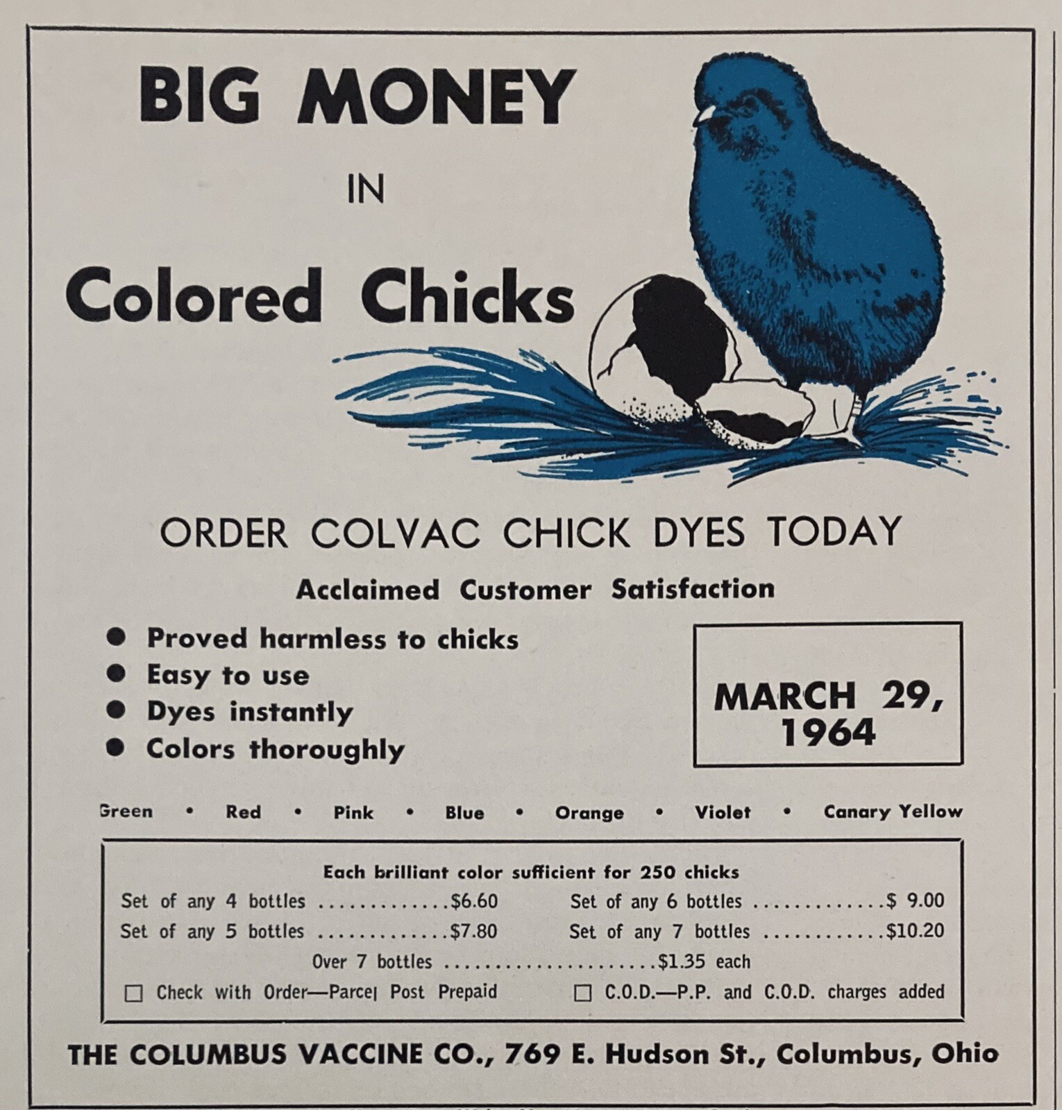 1964 AD.(XH53)~COLUMBUS VACCINE CO. OHIO. COLVAC CHICK COLOR DYES