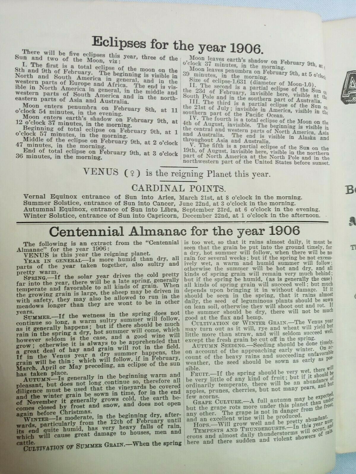Vintage 1906 John Bear Baer’s Agricultural Almanac Lancaster, PA Antique Farmers