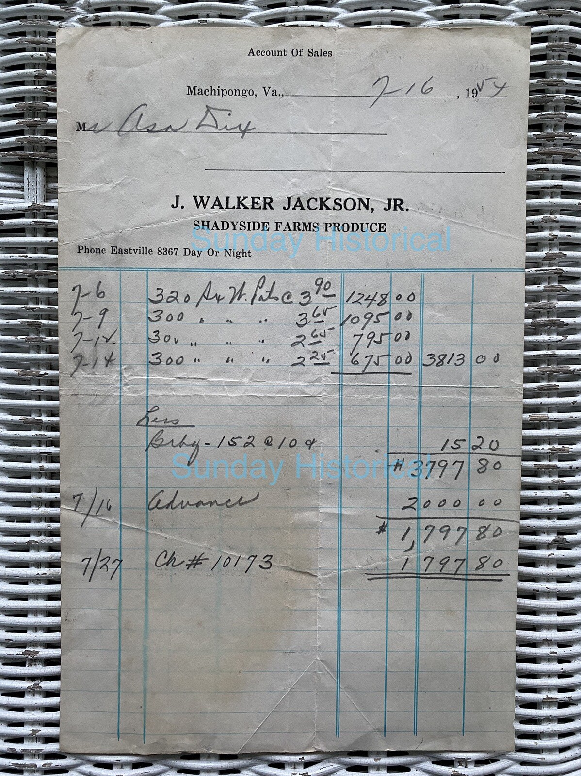 J Walker Jackson Shadyside Farms Produce Machipongo Va Invoice