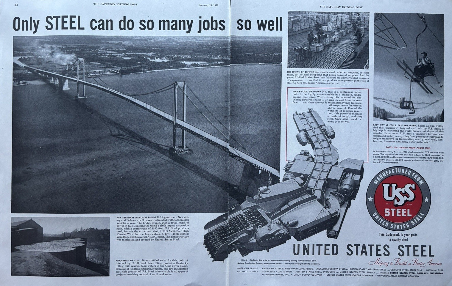 1952 United States Steel Build America Delaware Memorial Bridge VTG Print Ad