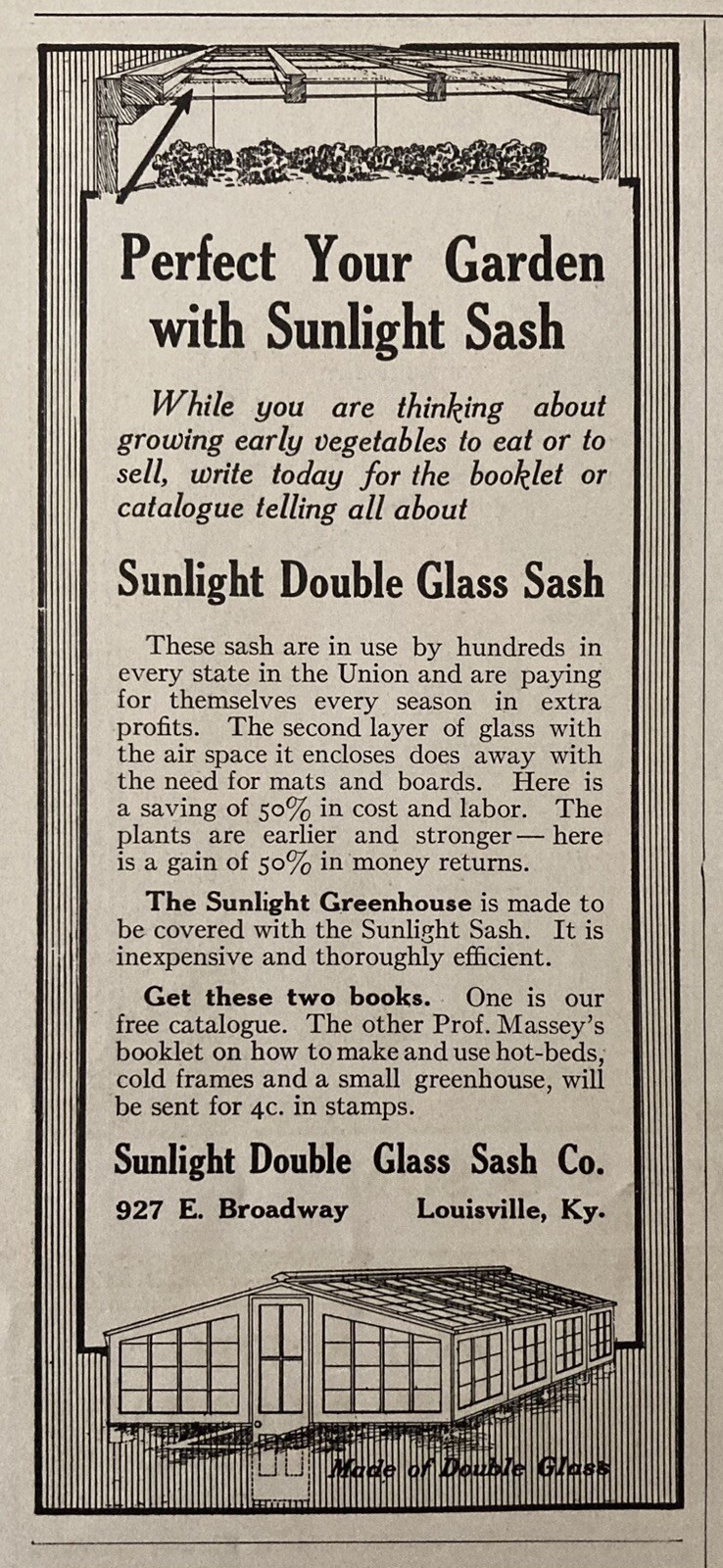 1914 AD.(XH69)~SUNLIGHT DOUBLE GLASS SASH CO. LOUISVILLE, KY. GREENHOUSE SASH