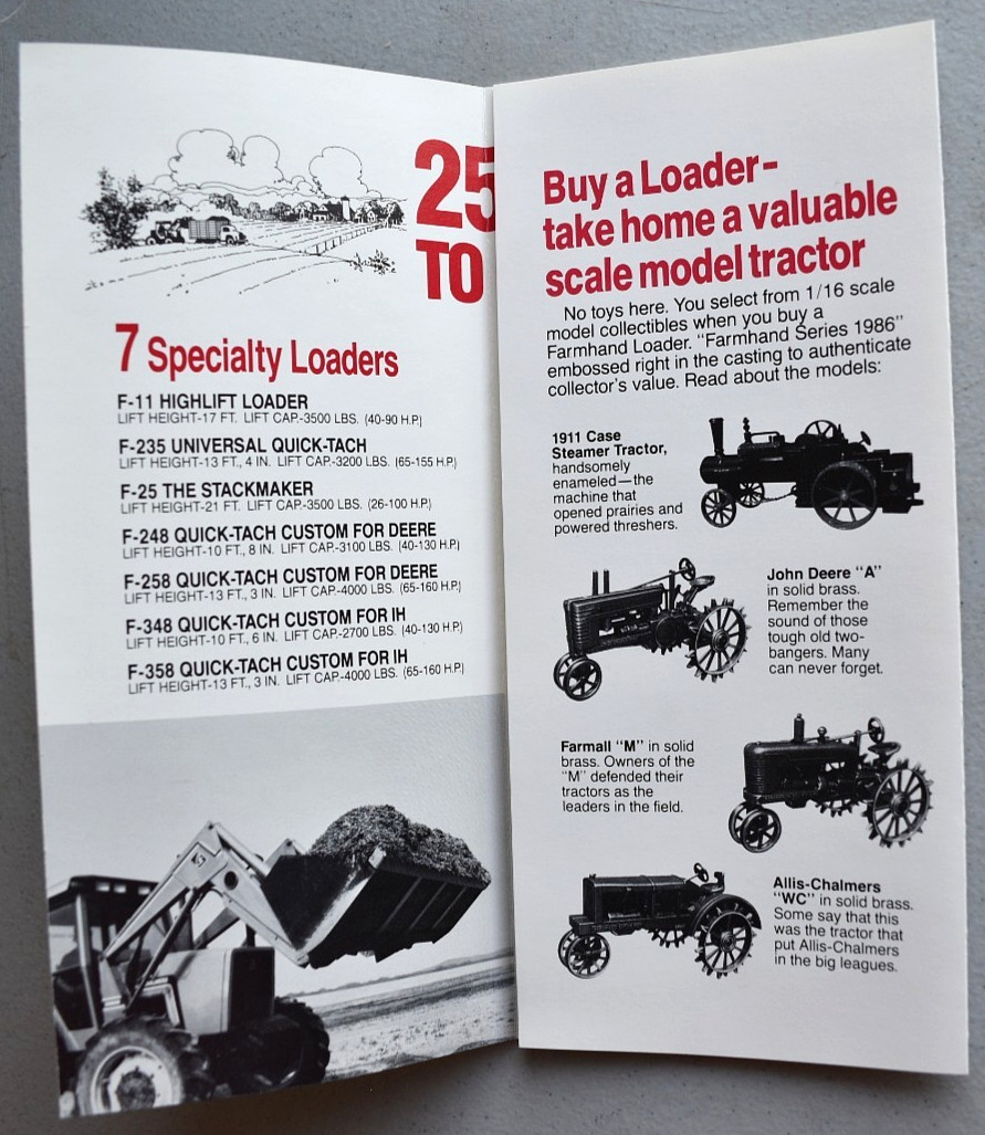 Farmhand Loader Vintage 1980’s BROCHURE Showing Scale Model Tractors JD, Case