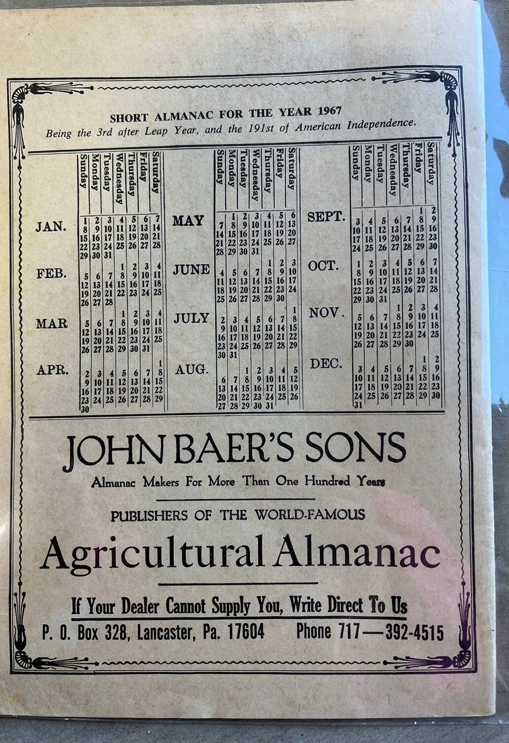 VINTAGE FARMERS AGRICULTURAL ALMANACS, BAER’S LANCASTER PA 1967