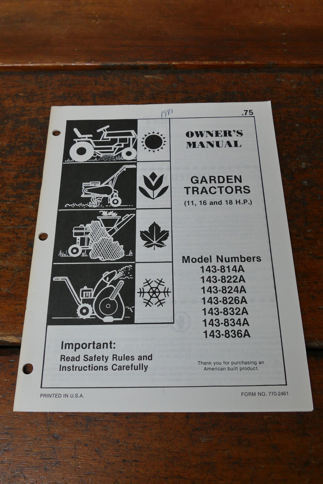 1983 Coast to Coast Owner’s Manual 11/16/18 HP Garden Tractors 143-814A 143-836A