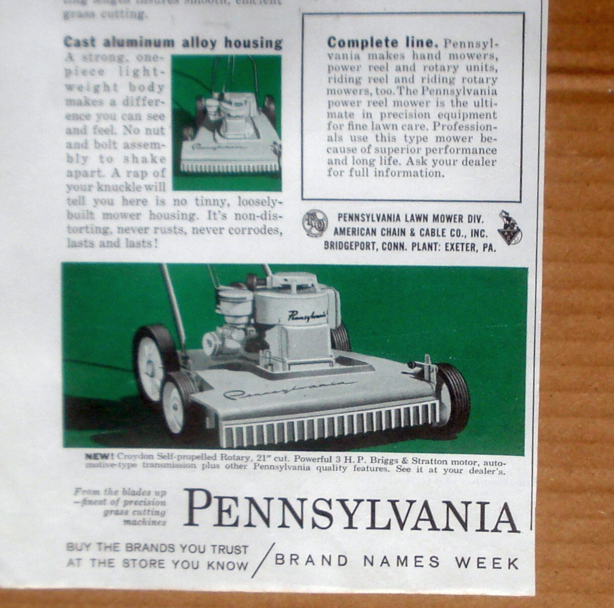 Pennsylvania Lawn Mower / American Chain & Cable Co CT 1959 Vtg Print Ad 5 x 14″