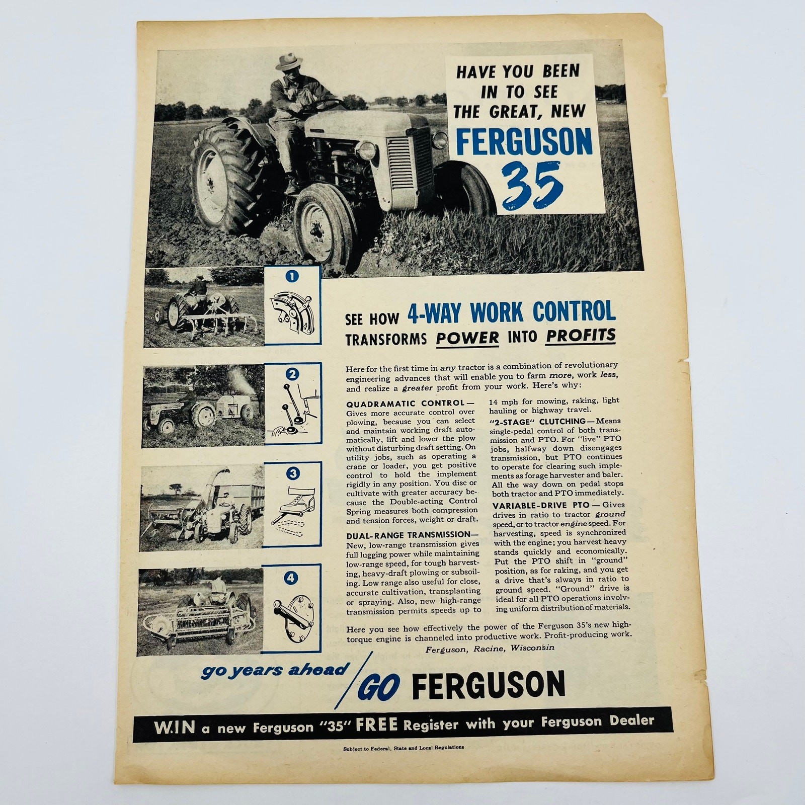 Vintage Advertisement FERGUSON 35 Tractor 4-Way Work Control Farmer Riding AA1