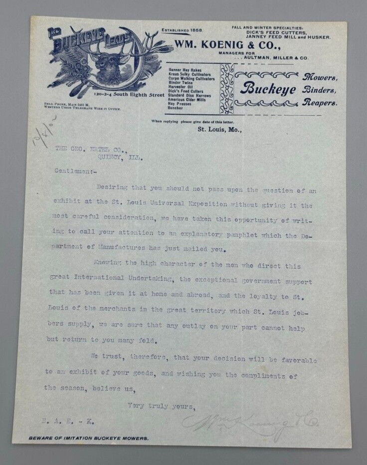 1902 Koenig BUCKEYE Antique FARM MACHINERY Advertising Letter ST LOUIS EXPO