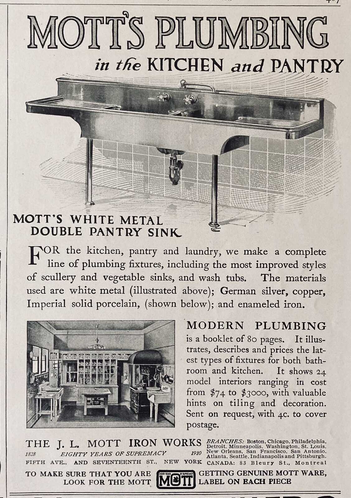 1910 AD.(XH49)~J.L. MOTT IRON WORKS. WHITE METAL DOUBLE PANTRY SINK