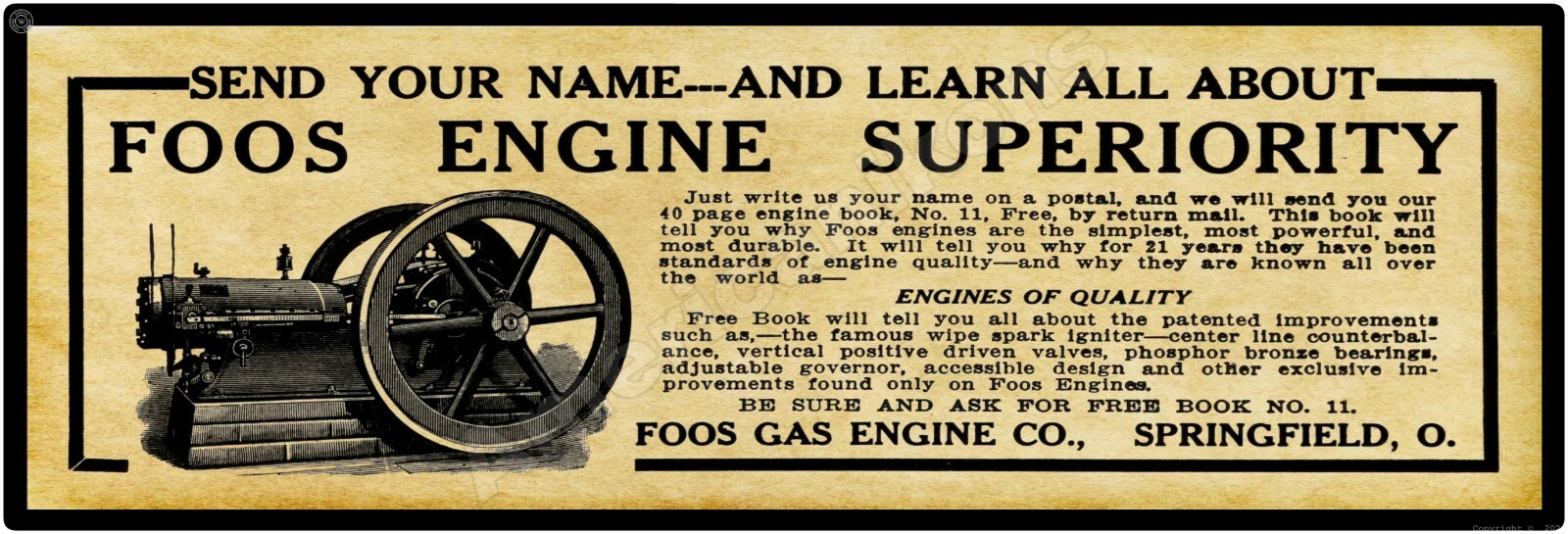 1910 Foos Engines, Springfield, Ohio – New Metal Sign: 6 x 18″ Long, Ships Free