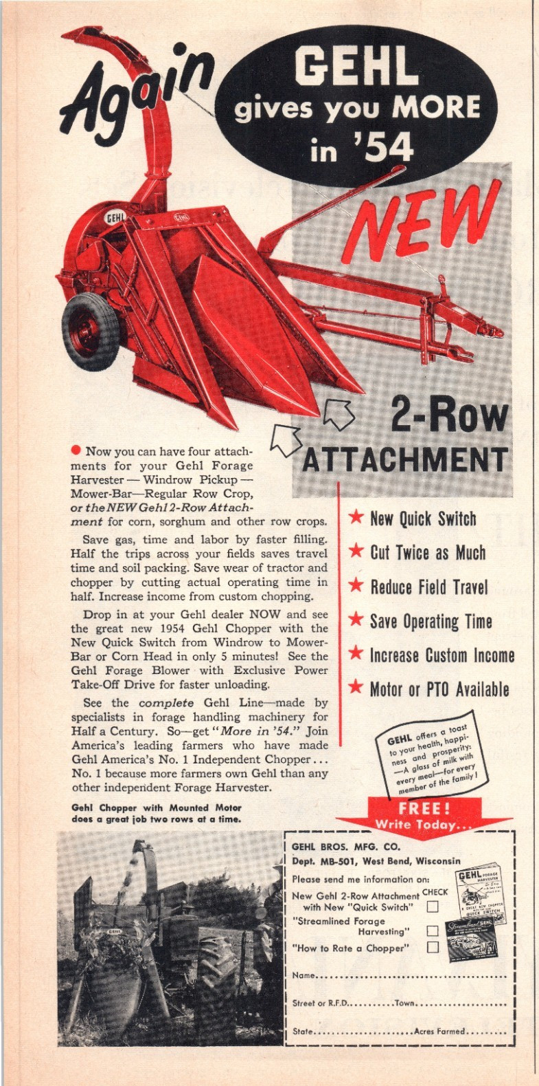 1954 GEHL Forage Harvester 2-Row Attachment 50’s Vintage Print Ad