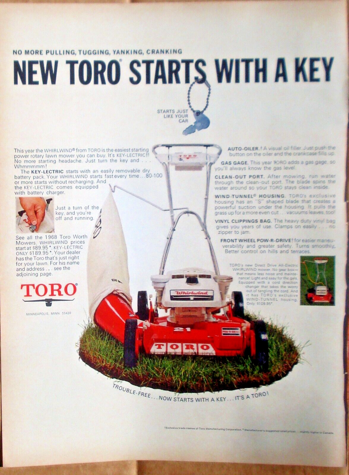 Toro Key-lectric Lawn Mower Starts Fast Every Time Vtg 1968 Print Ad 10 x 14″