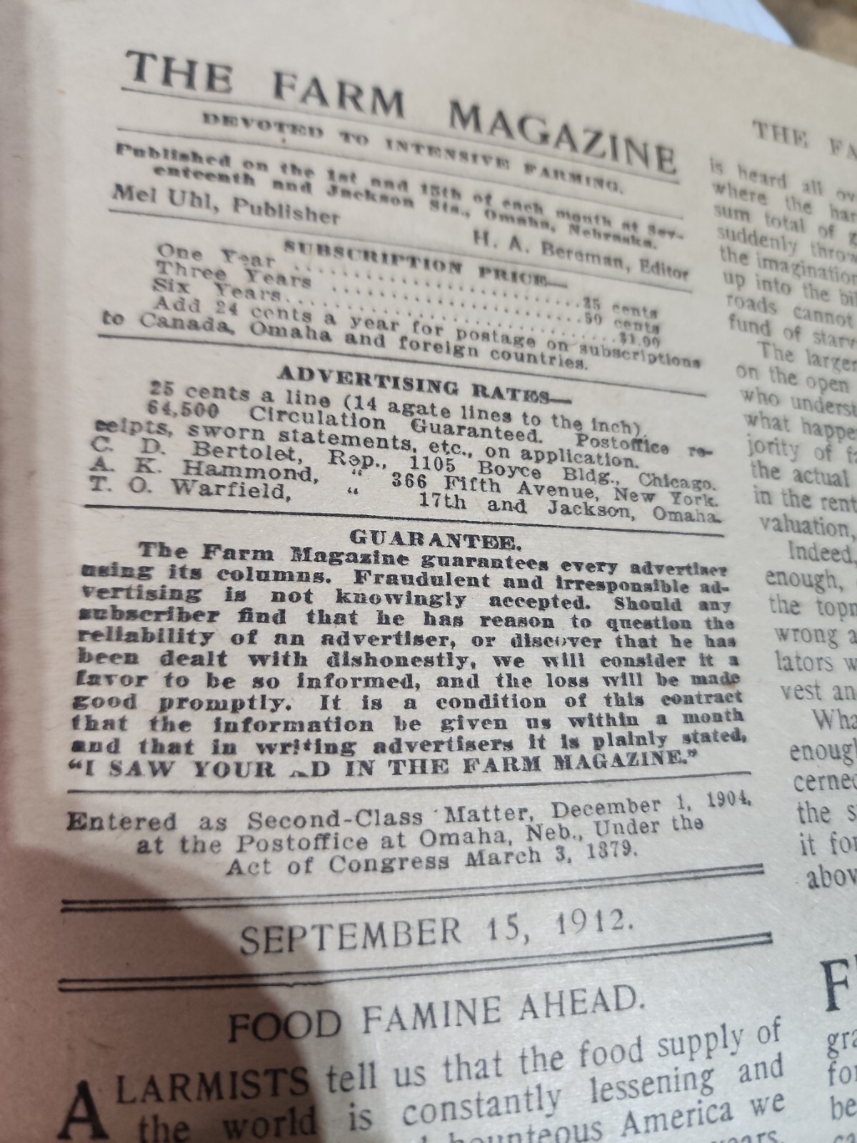 The Farm Magazine Newspaper Vol XI September 15, 1912 Illustrated Advertisements