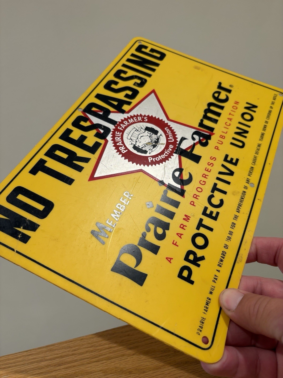 Vintage PRAIRIE FARMER PROTECTIVE UNION No Trespassing Sign 12″x8″ Plastic