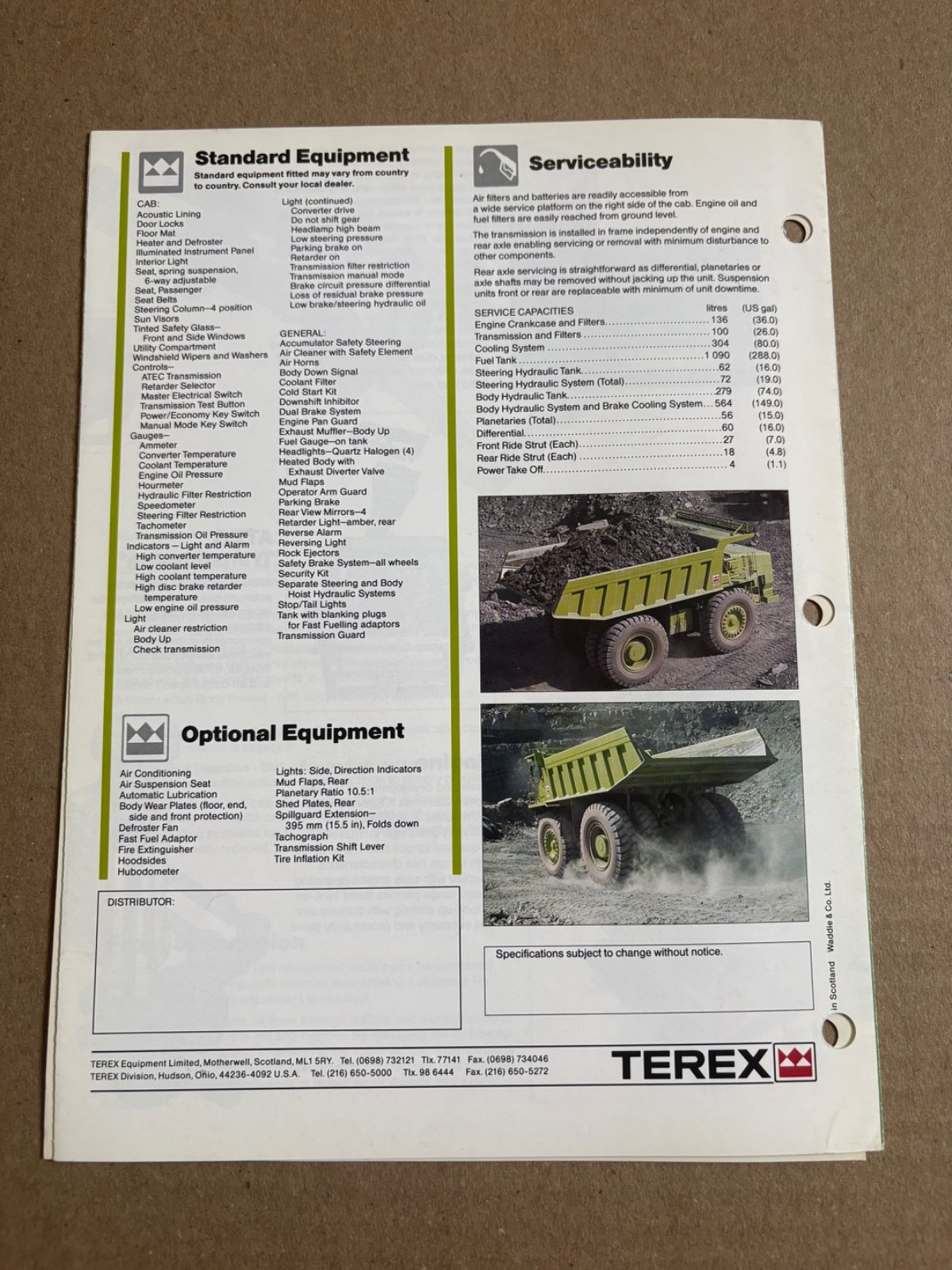 Vintage Terex 3311E Dump Truck Specifications Sales Brochure