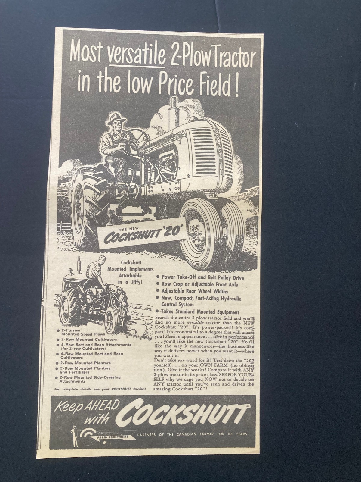 1952 CANADIAN COCKSHUTT TRACTOR AD CANADA MODEL 20 2 PLOW
