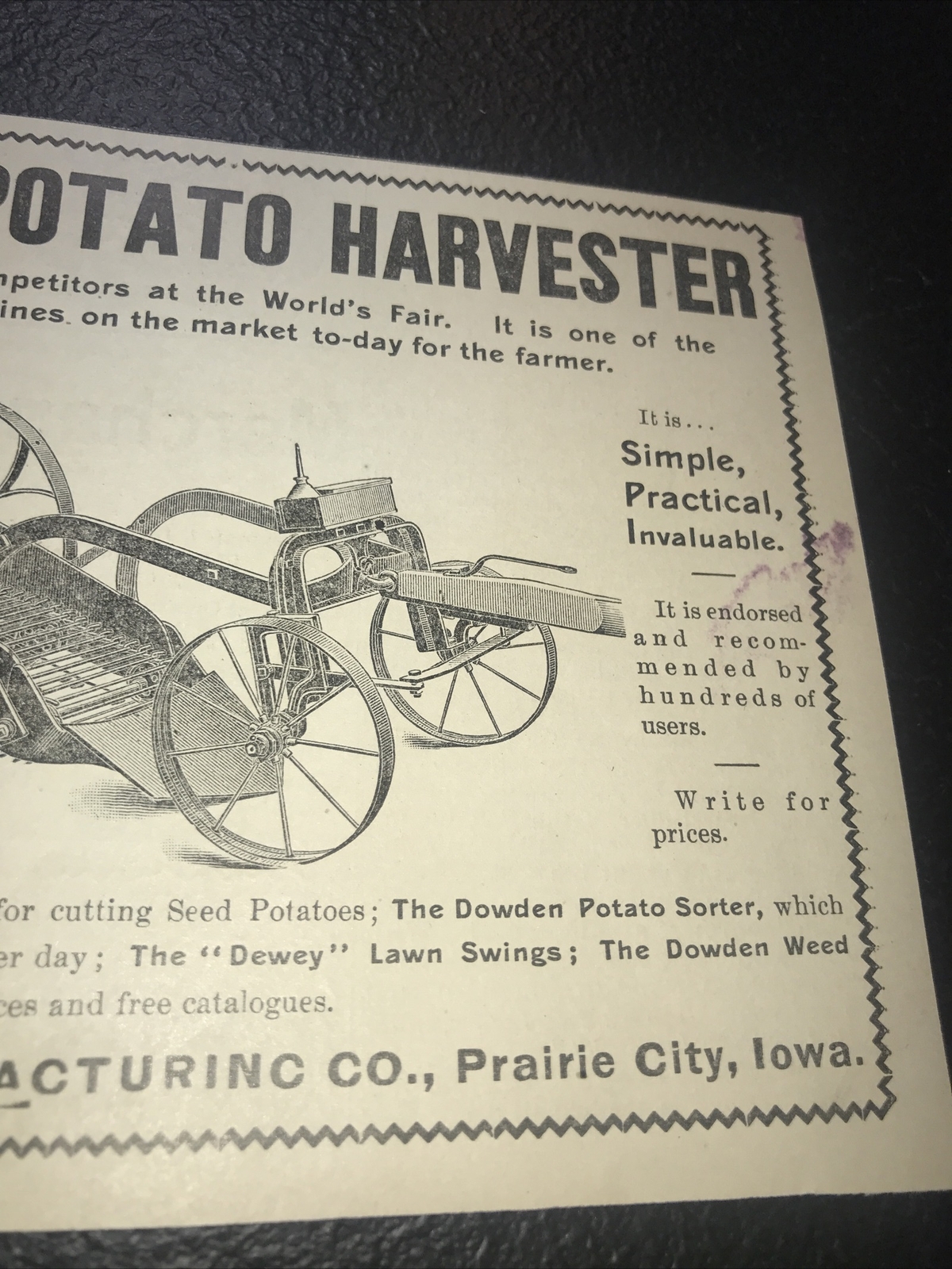 1900 Dowden Potato Harvester Farm Advertising – Prairie City – Iowa