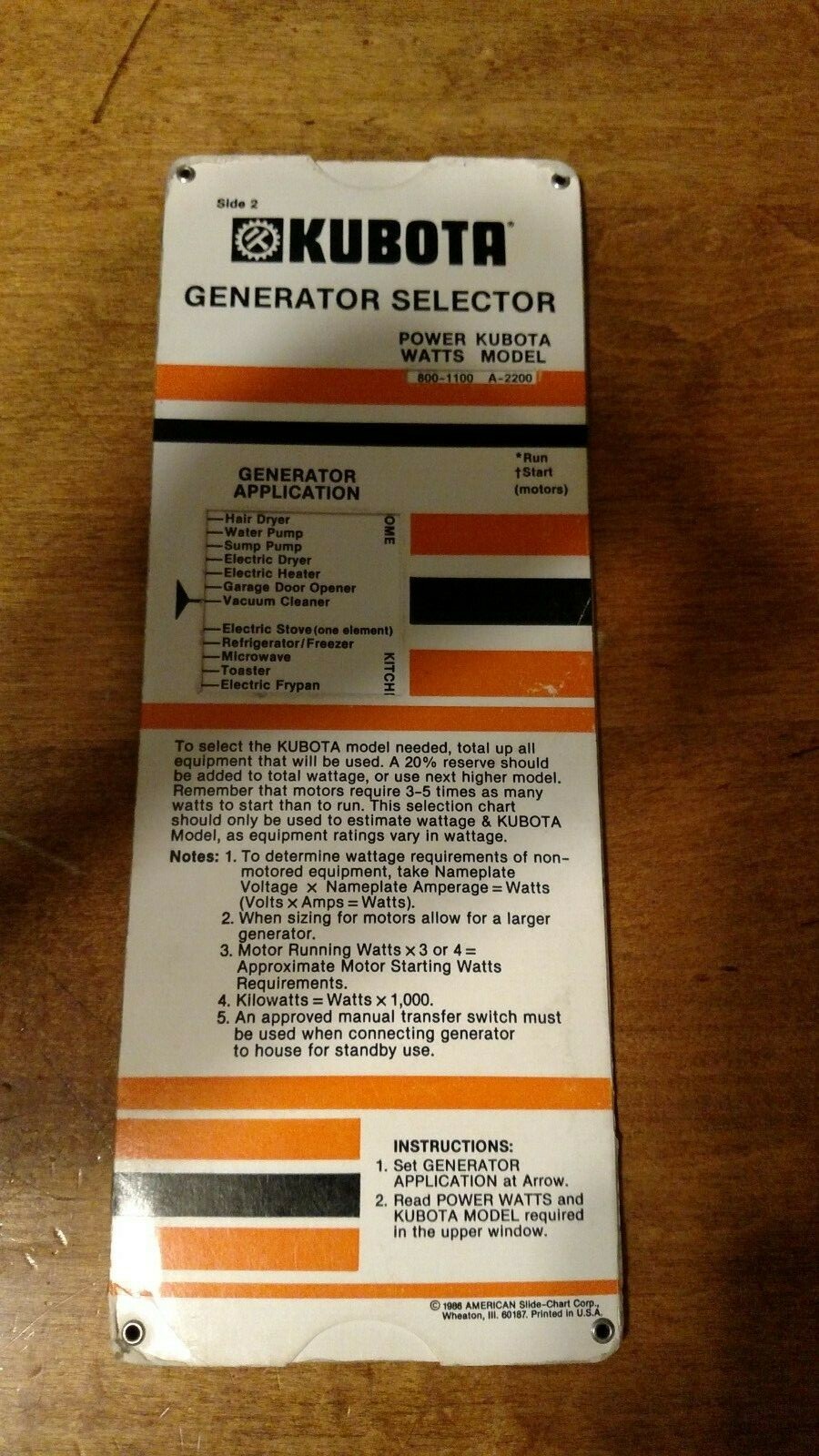KUBOTA GENERATOR & PUMPS QUICK FACT SLIDE CHART FROM 1986 ****DEALER USE****