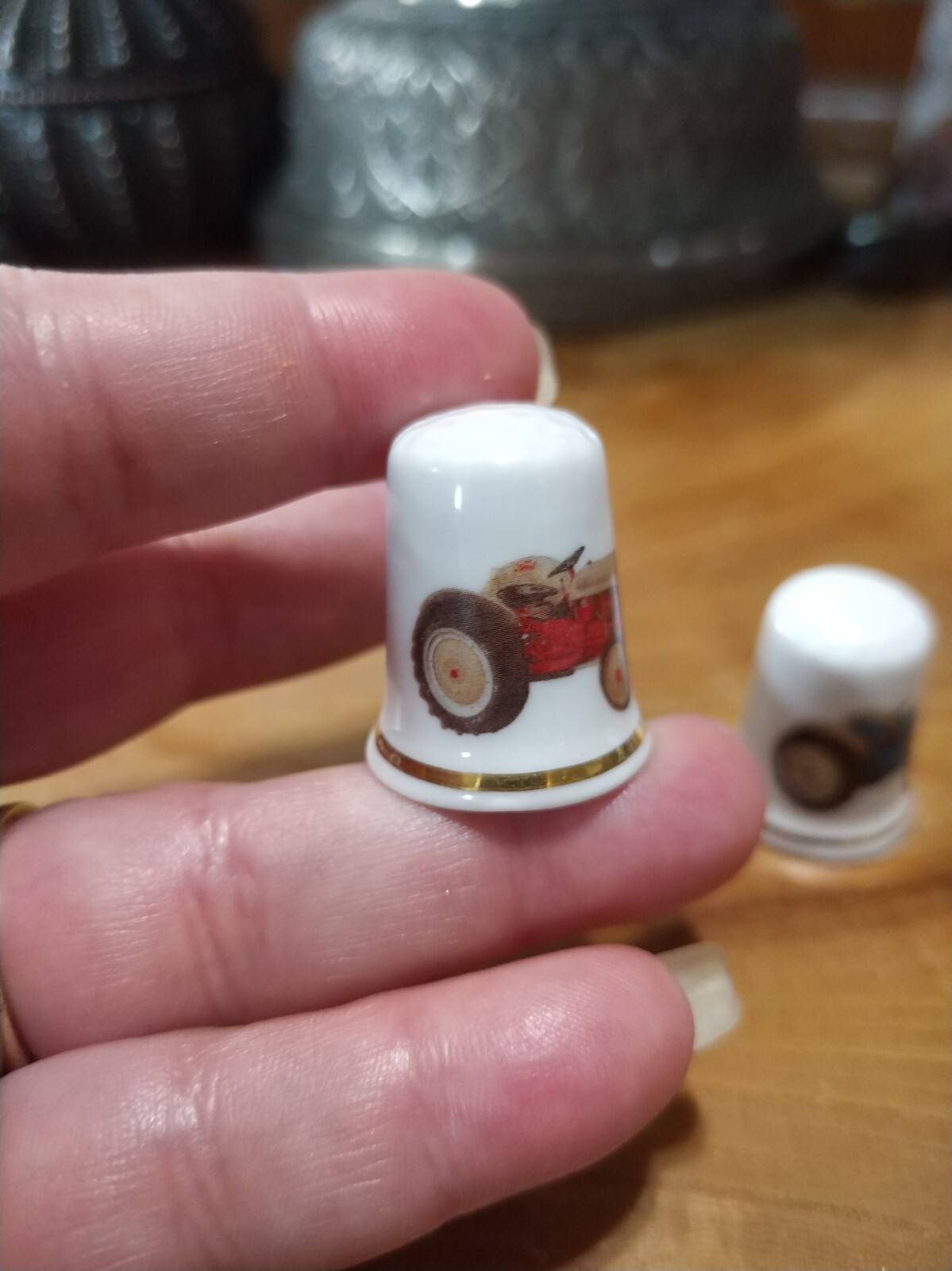 2 Vintage farm tractors thimbles. Gimbel and sons bone china England