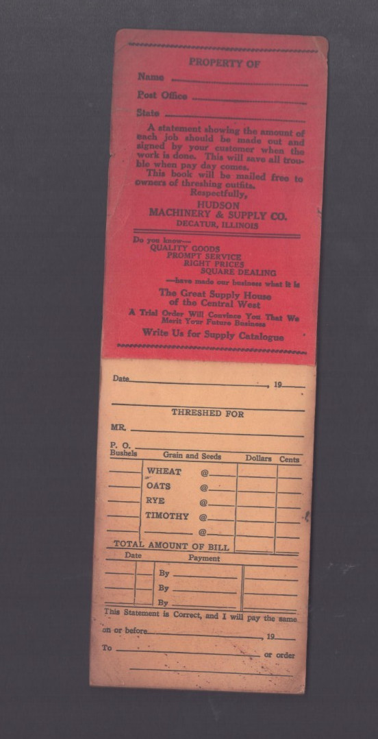 Thresherman’s Account Book Rhino Belts Hudson Mchy & Supply Decatur Illinois
