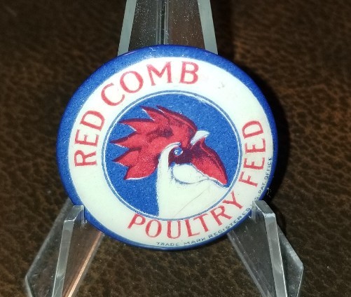 c.1910 RED COMB POULTRY FEED blue border 1 1/8″ celluloid pinback button farm *