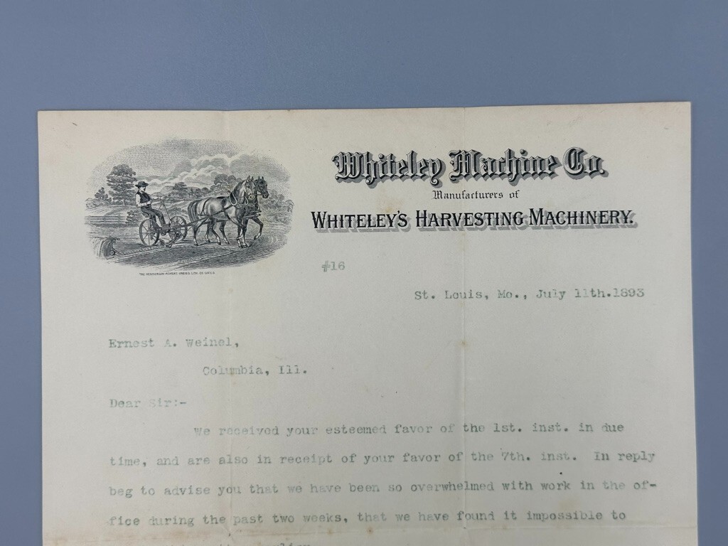 1893 WHITELEY’s HARVESTING MACHINERY Illustrated FARM ADVERTISING Letterhead