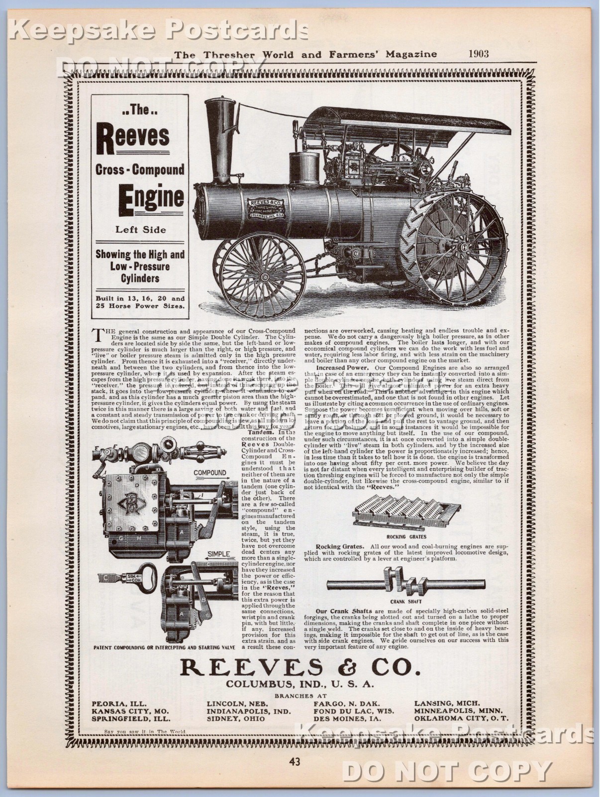 Reeves & Co. Columbus, IN Cross-Compound Steam Traction Engine Vintage Print Ad