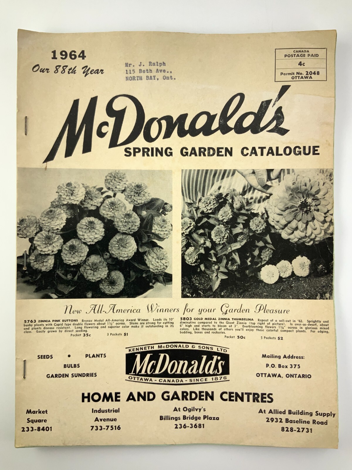 McDonald’s Spring Garden Catalogue 1964 Seed Catalog Ottawa Canada EE629