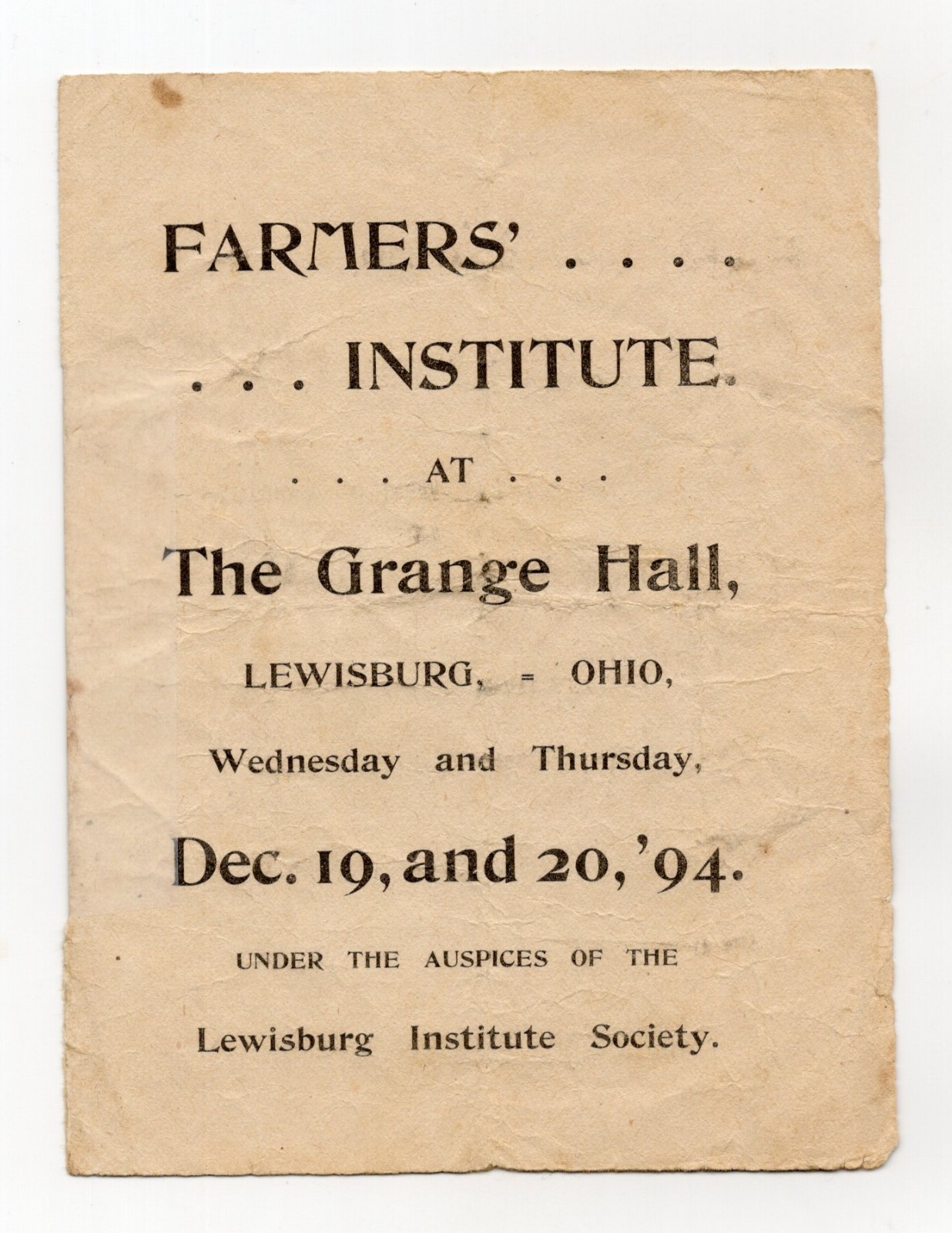 1894 – Ohio Farmers Institute LewisBurg Institute Society Ohio Program – XL5Q