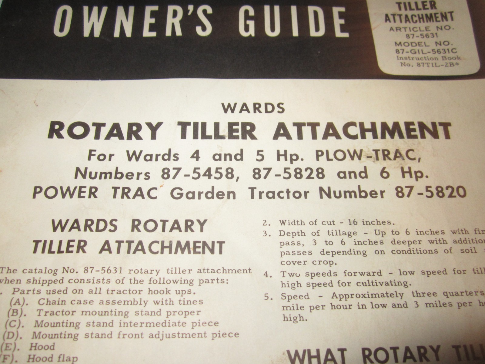 Vintage Wards ROTARY TILLER ATTACHMENTS Montgomery Ward Tractor Owner’s Guide
