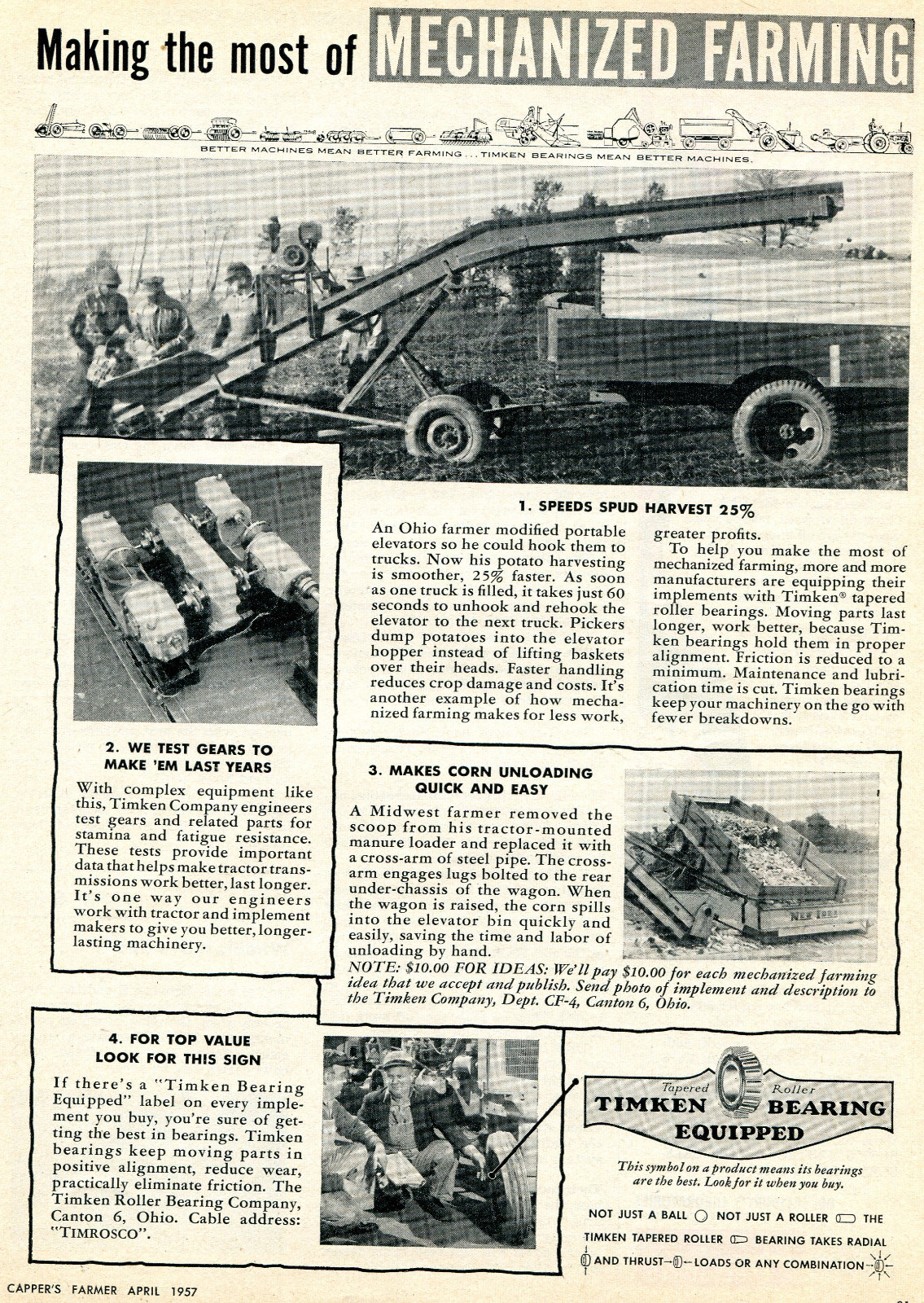 1957 Print Ad of Timken Roller Bearing Company Mechanized Farming