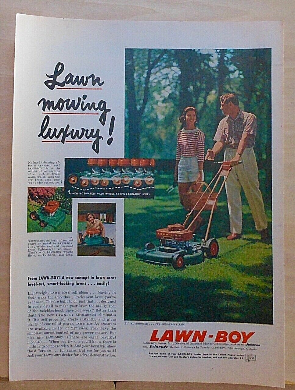 1957 magazine ad for Lawn-Boy mowers – Lawn Mowing Luxury! new concept lawn care