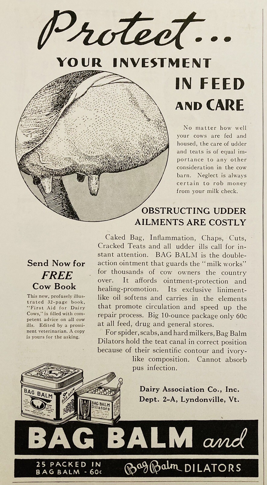 1937 AD.(XH75)~DAIRY ASSOCIATION CO. LYNDONVILLE, VT. BAG BALM COW TREATMENT