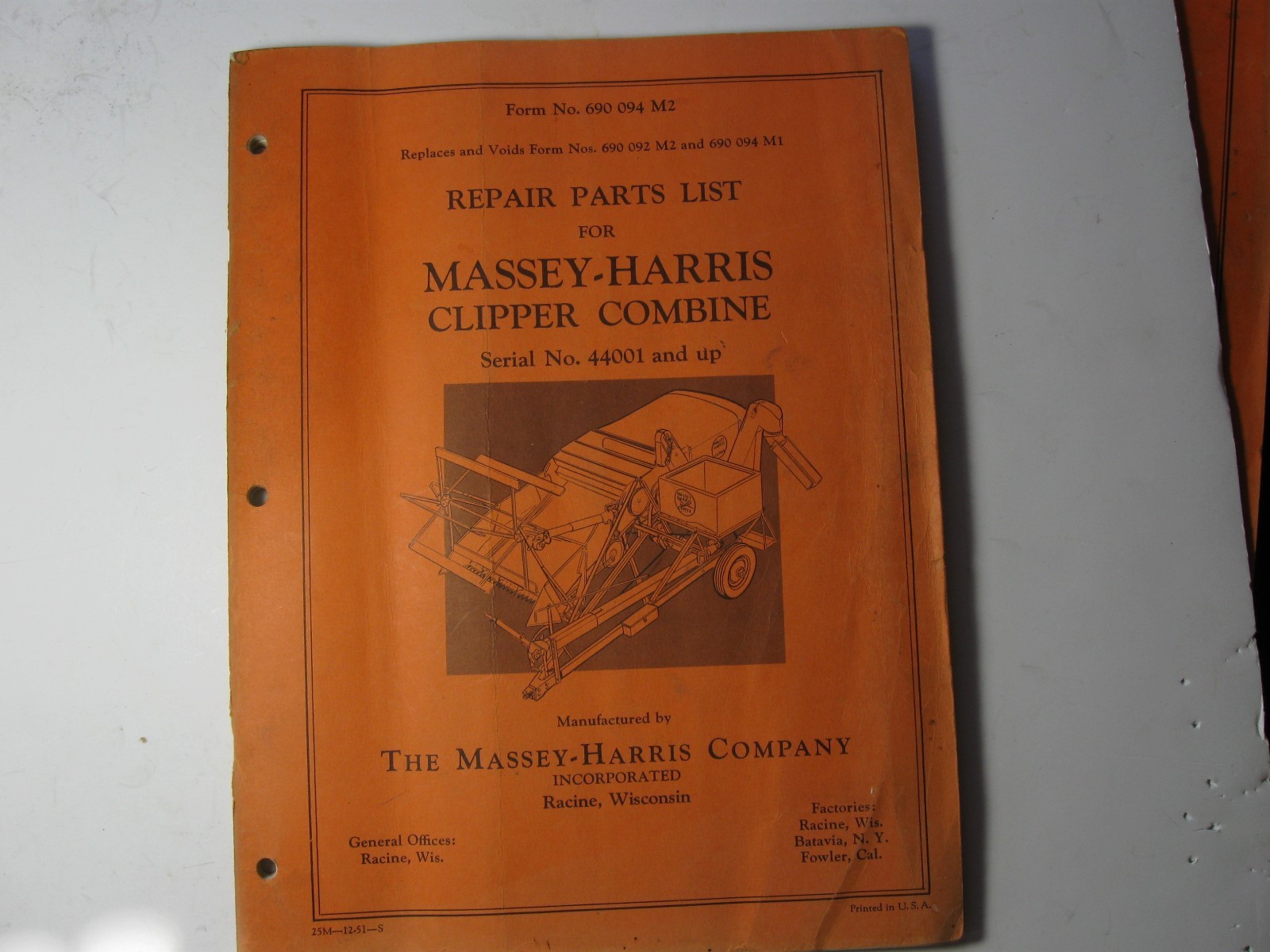 Repair Parts List Massey Harris Clipper Combine Serial No. 44001 and up – #5345