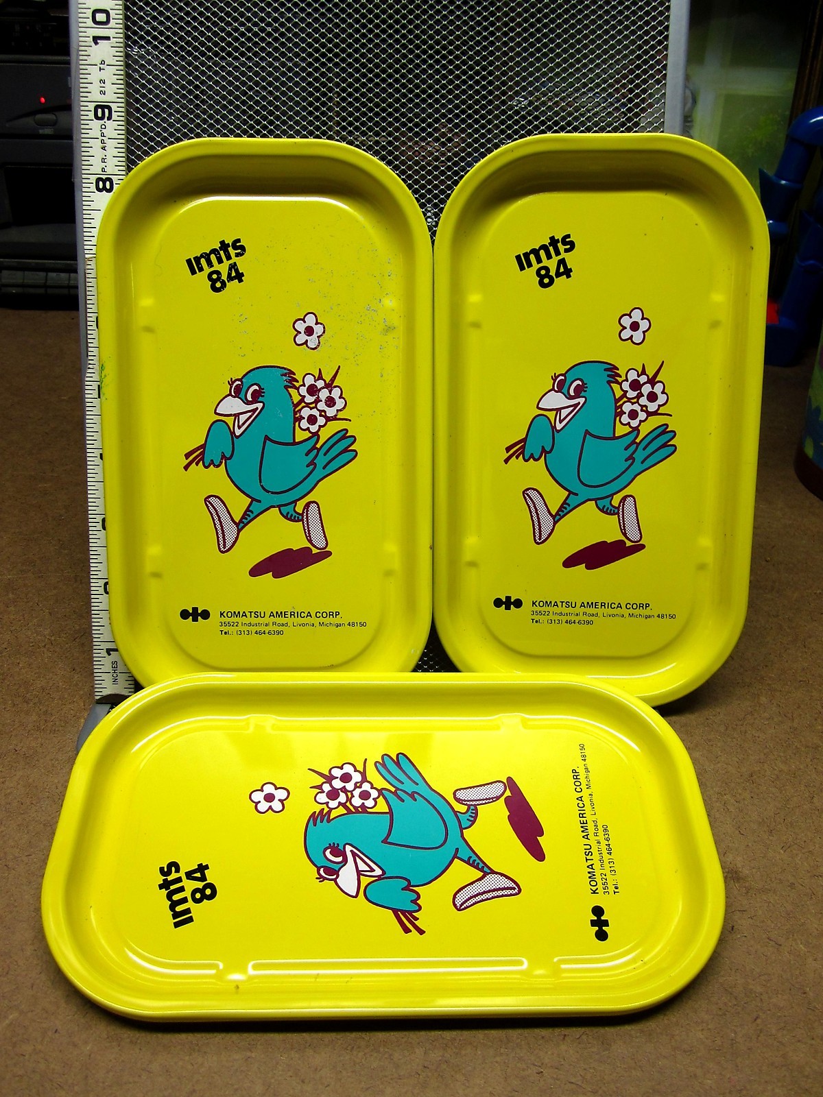 KOMATSU AMERICA bird logo vtg tin trays 1984 construction equipment IMTS