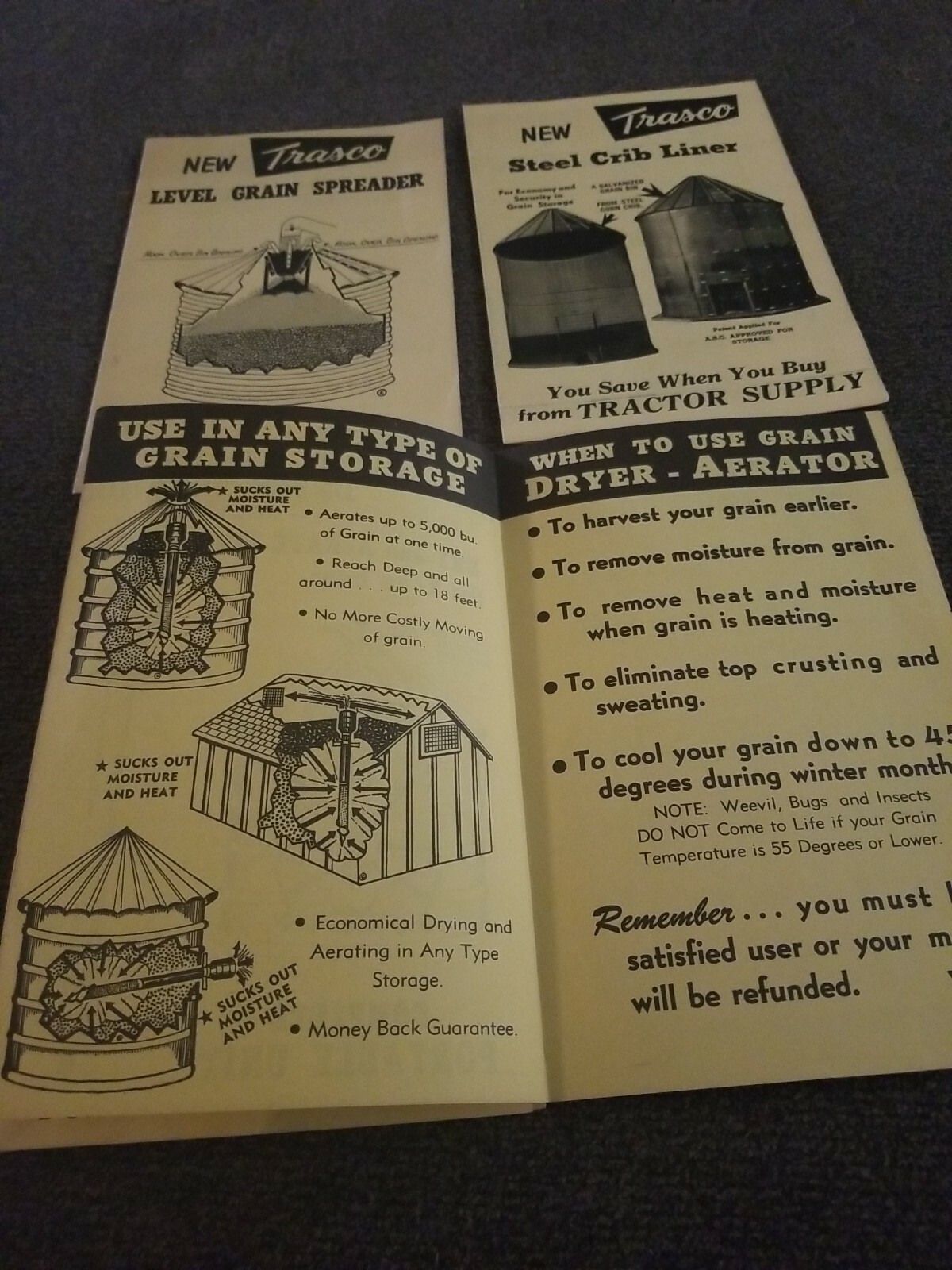 Trasco Grain Bin storage pamphlets. Lot of 4. 1950’s 1960’s. Tractor Supply. S1