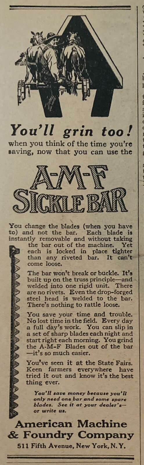 1922 AD.(XH54)~AMERICAN MACHINE & FOUNDRY CO. NYC. A-M-F SICKLE BAR