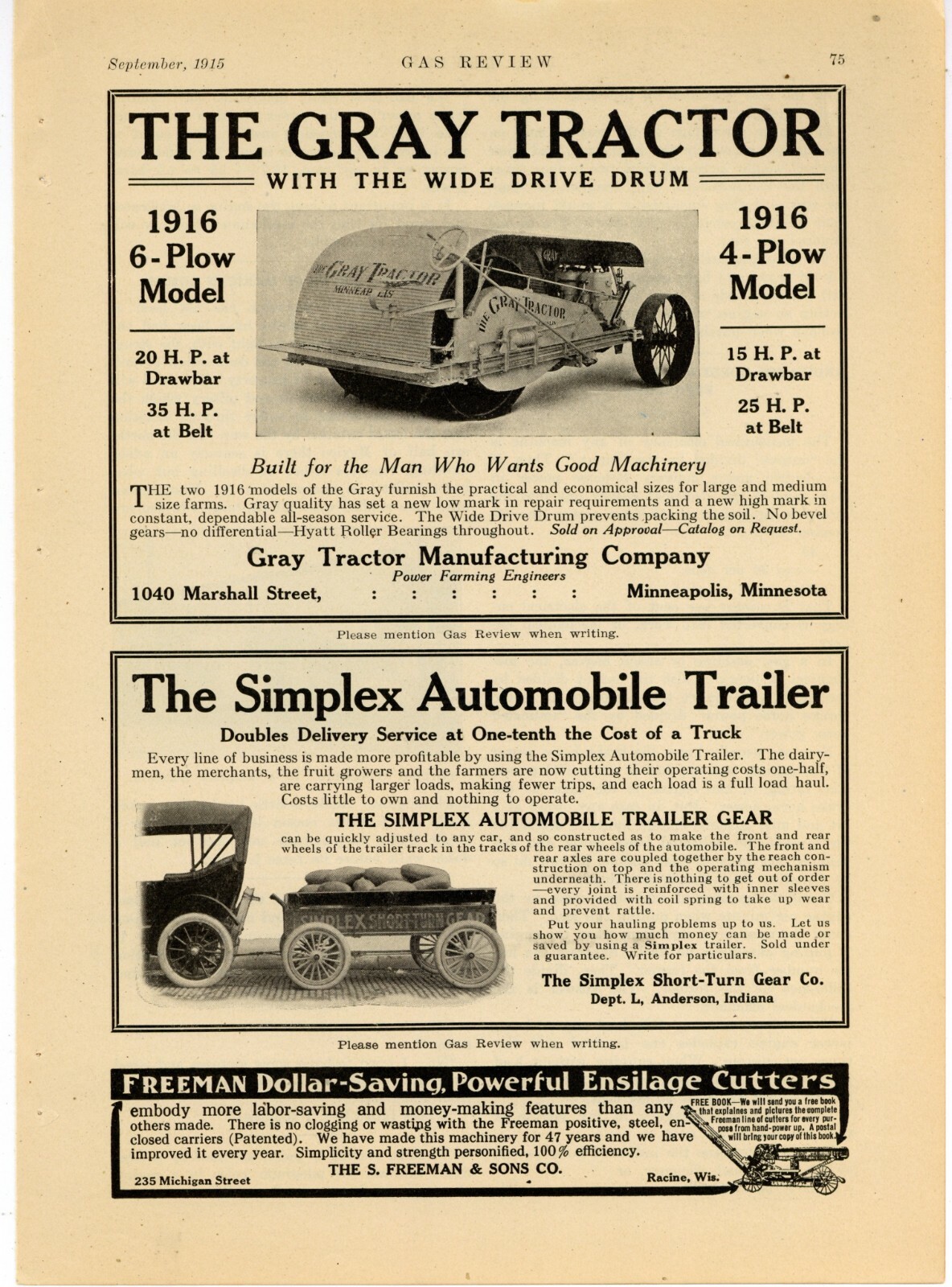 1915 Gray Tractor Manufacturing Company Ad: 1916 Six Plow Model – Minneapolis MN