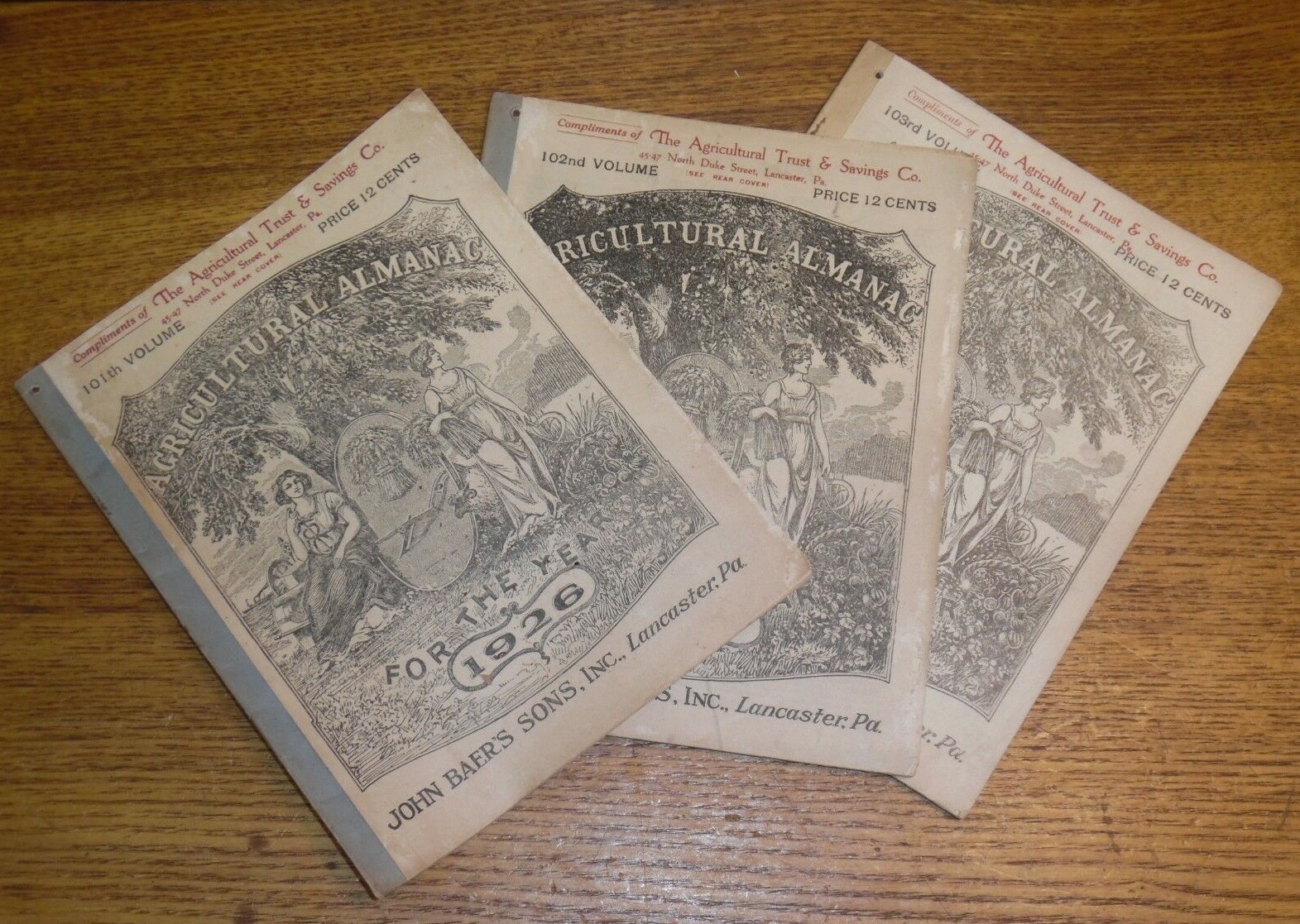 3 Old Agricultural Almanacs – John Baer’s Sons Lancaster PA – Vol. 101 102 103