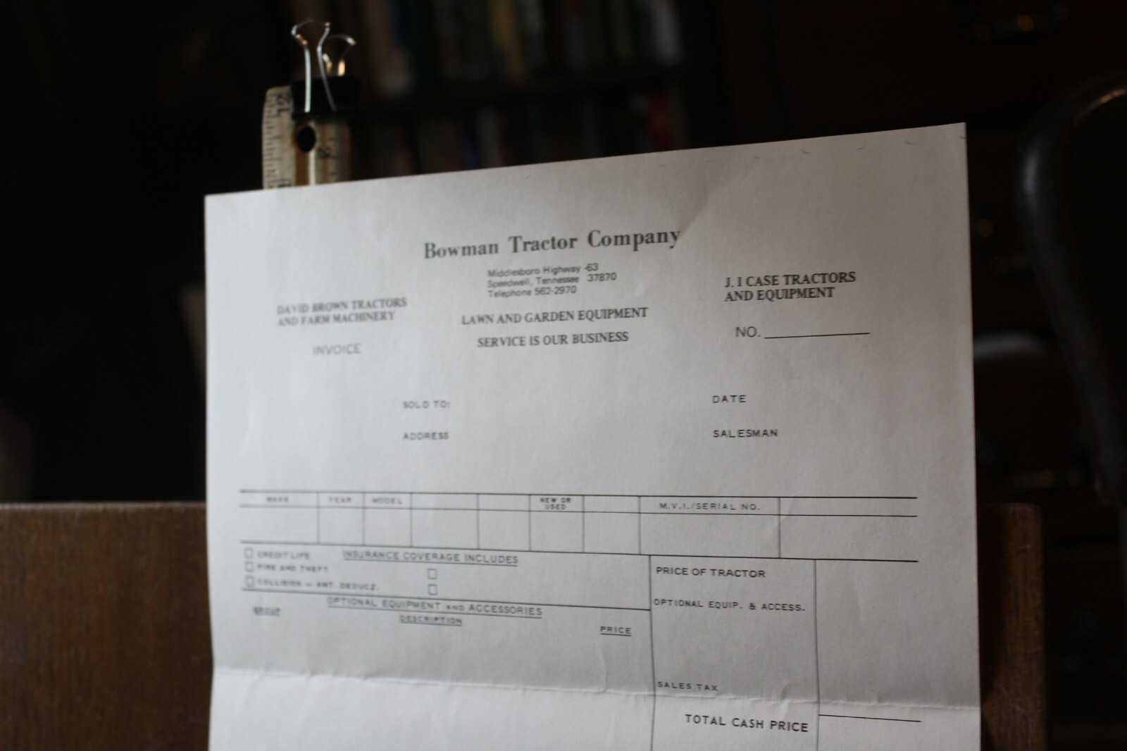 Vintage Speedwell Tennessee 1960’s Invoice Bowman Tractor Company David Brown