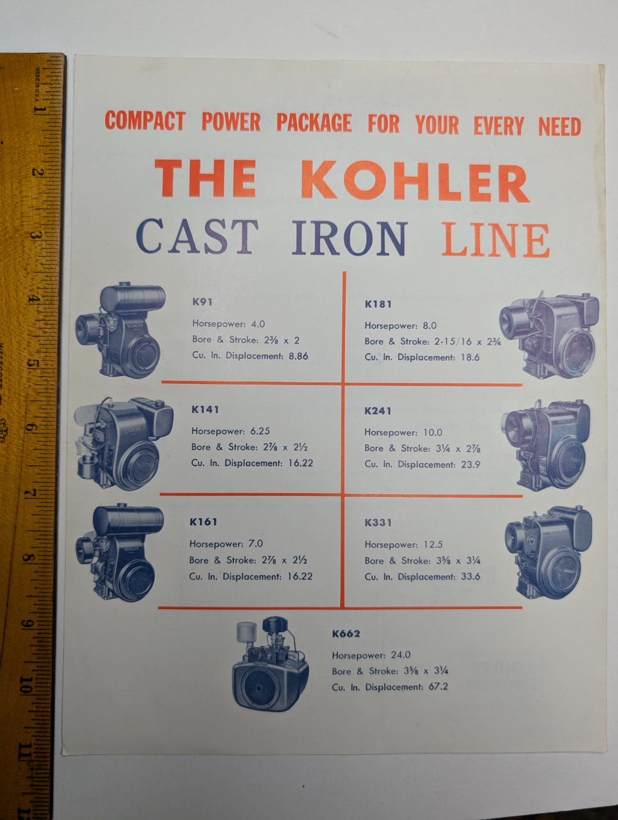 Kohler Cast Iron Line Engine Brochure K91 K141 K161 K181 K241 K331 K662 Specs